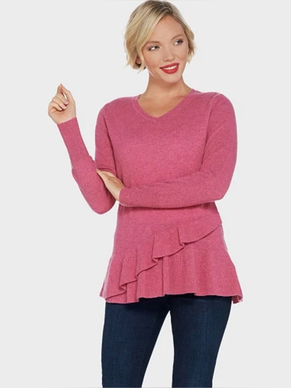 Isaac Mizrahi 2-Ply Cashmere
Ruffle Peplum Sweater NEW S